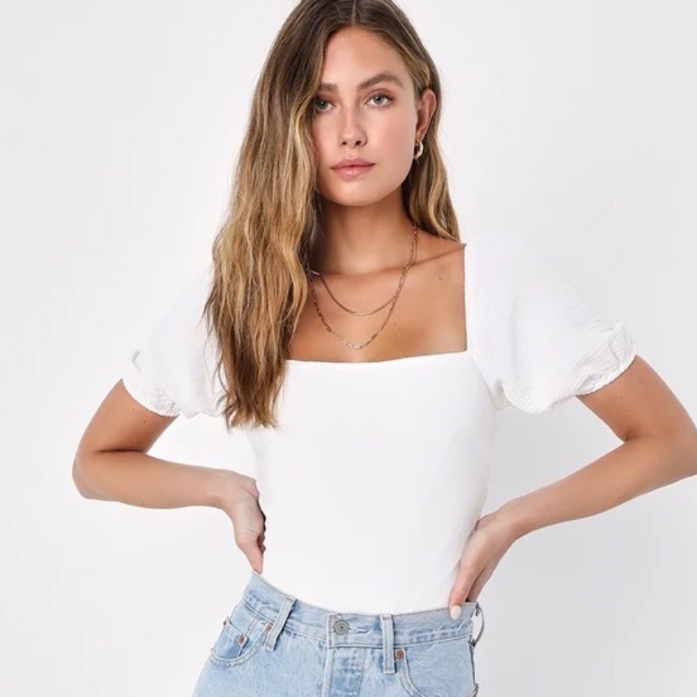 Lulus Abundance Of Love White Textured Puff Sleeve Tie-back Bodysuit - Size M - Picture 3 of 3